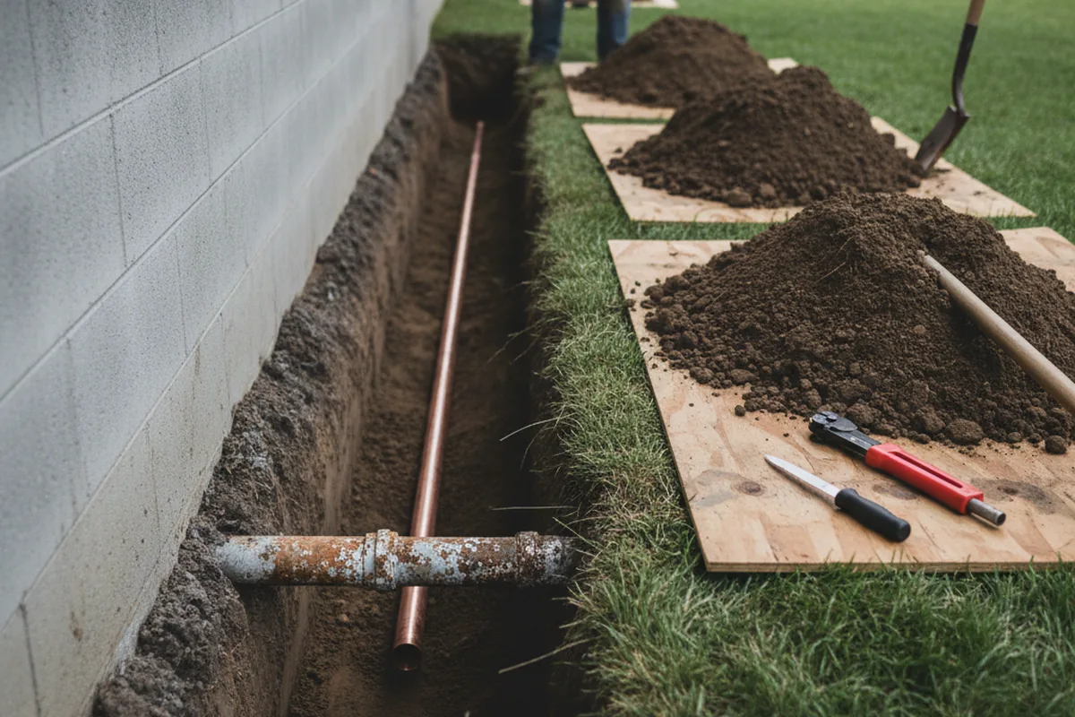 Excavated water line trench during Water Softener Installation in West Simsbury